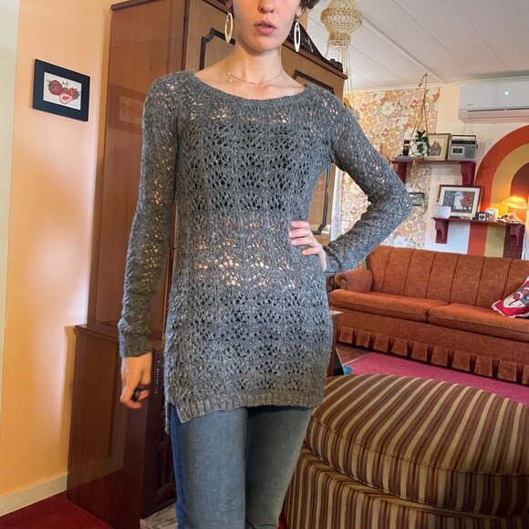 Y2K LAYERING Grey crochet knitted tunic long sleeve sweater - Picture 10 of 13